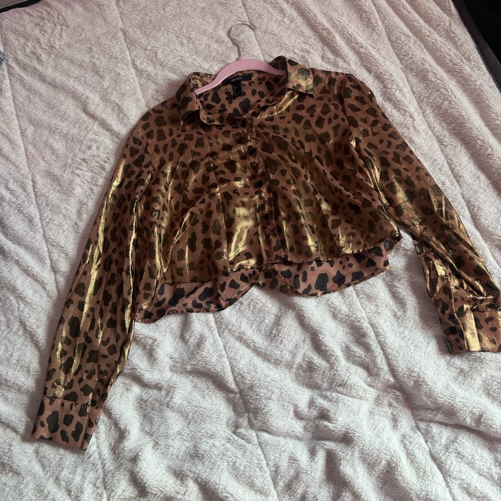 Forever 21 Leopard Print Cropped Blouse with Gold Highlights